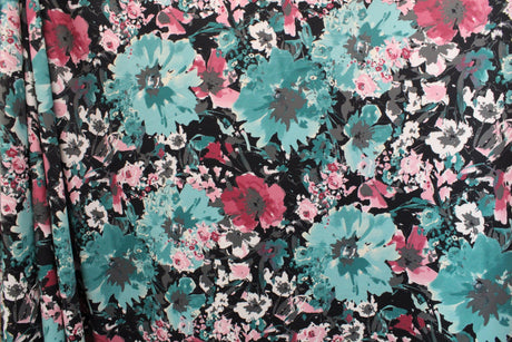 Teal And Pink Floral Spandex Fabric - Teal And Pink Floral, 58"/60" Width (1 Yard)