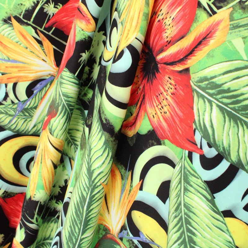 Tropical Swirl Floral Polyester Spandex Fabric - Tropical Swirl Floral Print, 58"/60" Width (1 Yard)