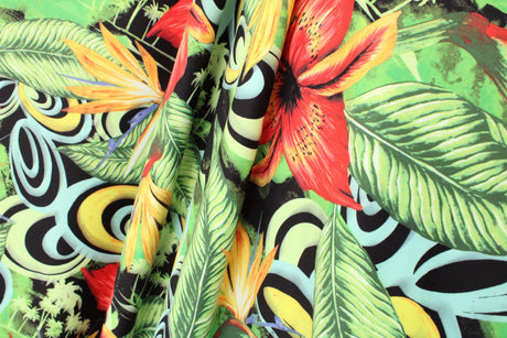 Tropical Swirl Floral Polyester Spandex Fabric - Tropical Swirl Floral Print, 58"/60" Width (1 Yard)