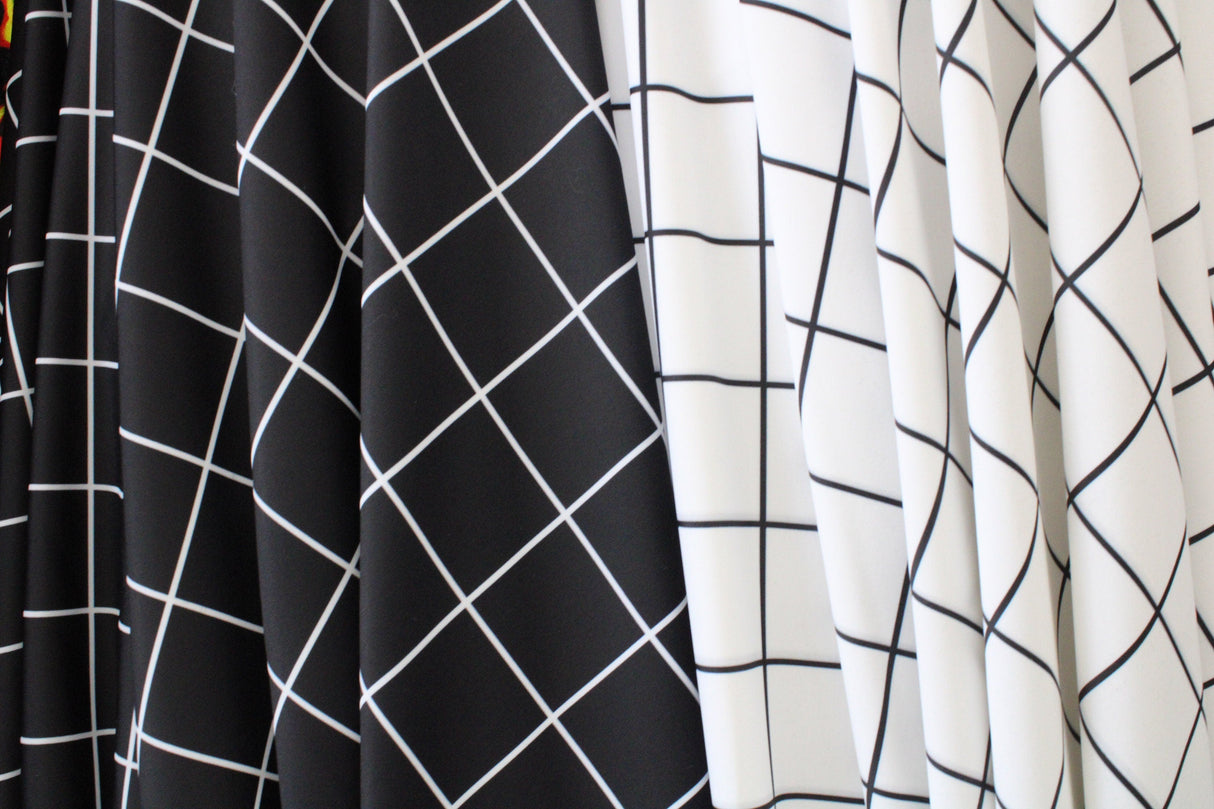 Black And White Geometric Grid Polyester Spandex Fabric - Black And White Geometric Grid, 58"/60" Width (1 Yard)