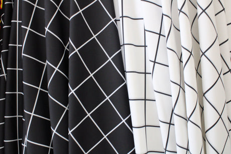 Black And White Geometric Grid Polyester Spandex Fabric - Black And White Geometric Grid, 58"/60" Width (1 Yard)