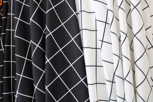 Black And White Geometric Grid Polyester Spandex Fabric - Black And White Geometric Grid, 58"/60" Width (1 Yard)