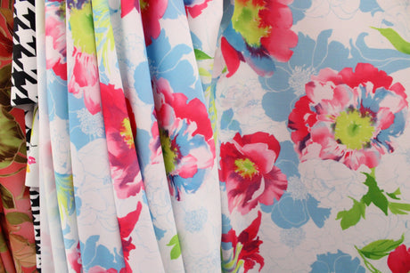 Pink And Blue Floral Print Polyester Spandex Fabric - Pink And Blue Floral Print, 58"/60" Width (1 Yard)