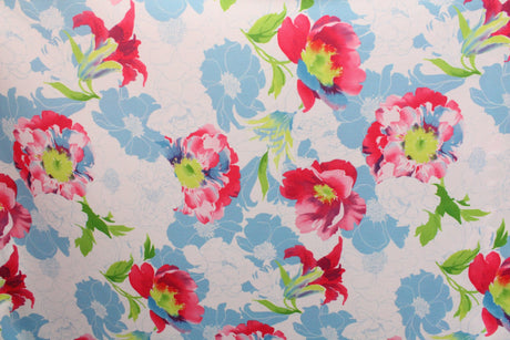 Pink And Blue Floral Print Polyester Spandex Fabric - Pink And Blue Floral Print, 58"/60" Width (1 Yard)