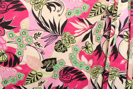 Pink And Green Abstract Floral Spandex Fabric - Pink And Green Abstract Floral, 58"/60" Width (Yard (36" X 60"))