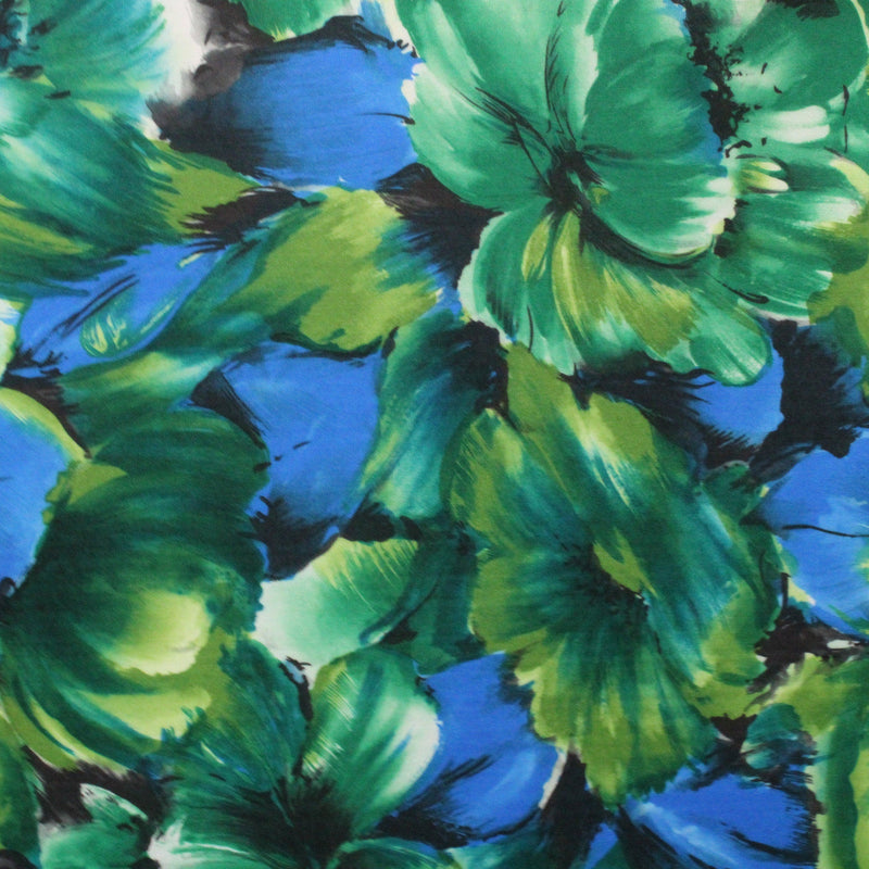 Blue And Green Floral Polyester Spandex Fabric - Blue And Green Floral Print, 58/60" Width (1 Yard)