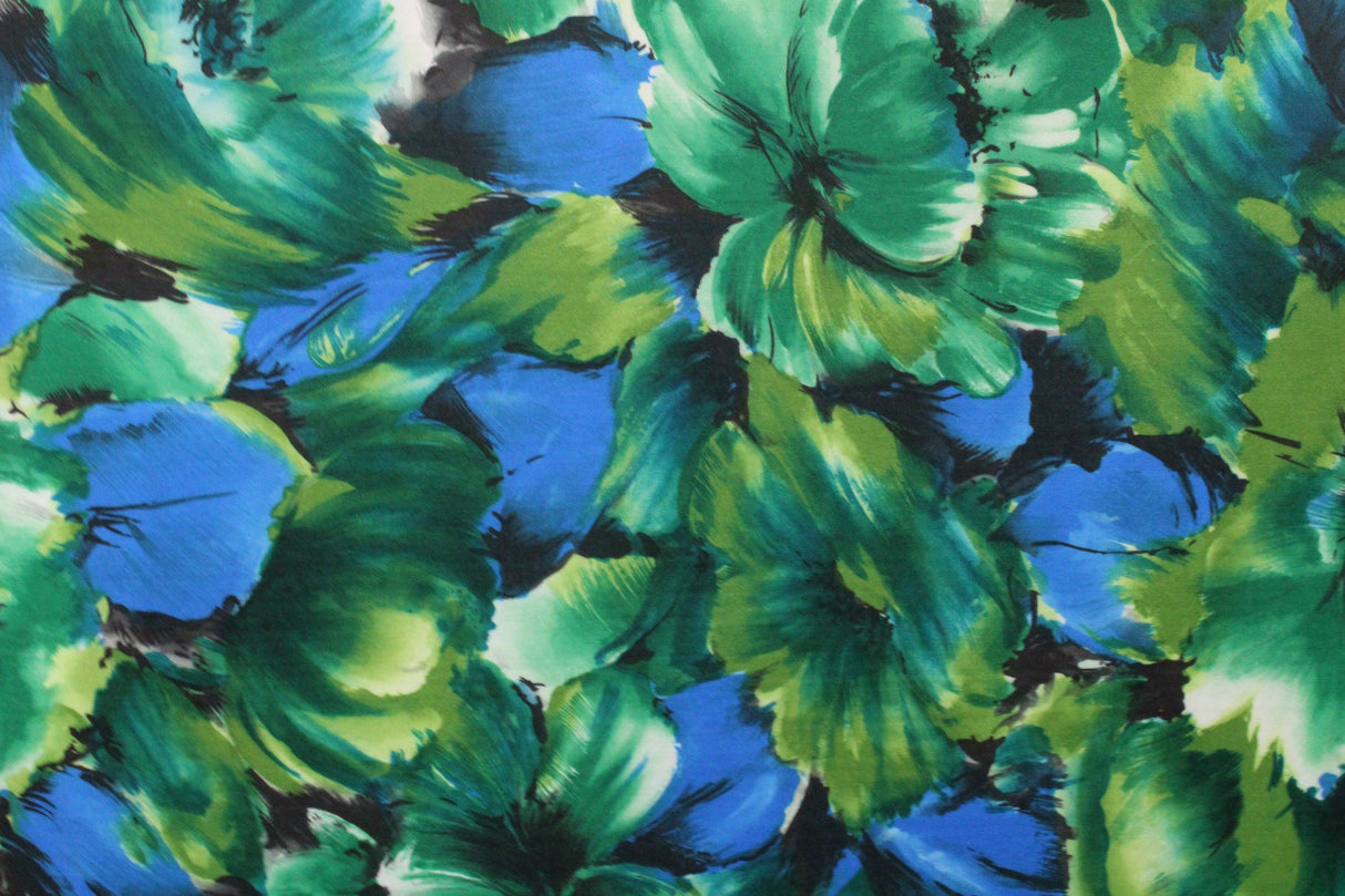 Blue And Green Floral Polyester Spandex Fabric - Blue And Green Floral Print, 58/60" Width (1 Yard)