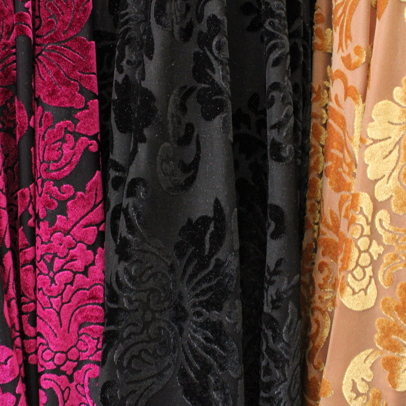Damask Royal Floral Burnout Velvet Fabric - Black, Gold Damask Floral, 36" X 60" (1 Yard)