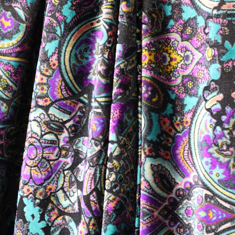 Teal And Purple Paisley Burnout Velvet Fabric - Teal And Purple Paisley, 4-Way Stretch (1 Yard)