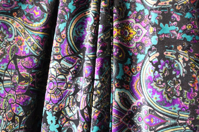 Teal And Purple Paisley Burnout Velvet Fabric - Teal And Purple Paisley, 4-Way Stretch (1 Yard)