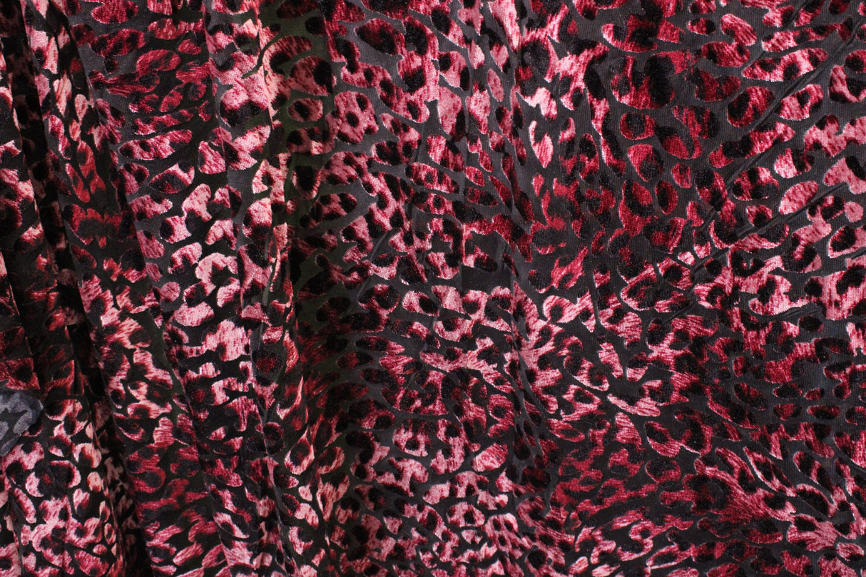 Maroon Cheetah Burnout Velvet Fabric - Maroon Cheetah, 4-Way Stretch, 1 Yard