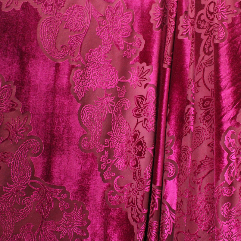 Large Fuchsia Paisley Burnout Velvet Fabric - Fuchsia Paisley, 4-Way Stretch (1 Yard)