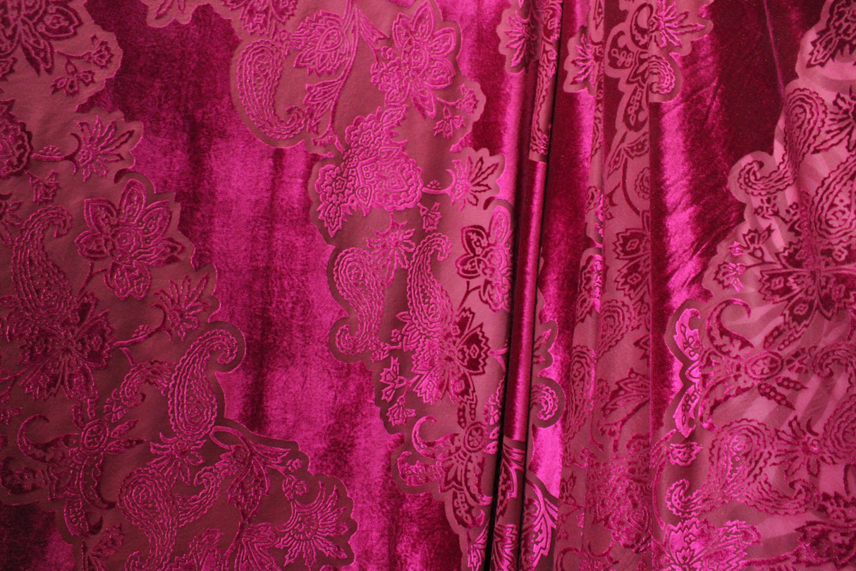 Large Fuchsia Paisley Burnout Velvet Fabric - Fuchsia Paisley, 4-Way Stretch (1 Yard)