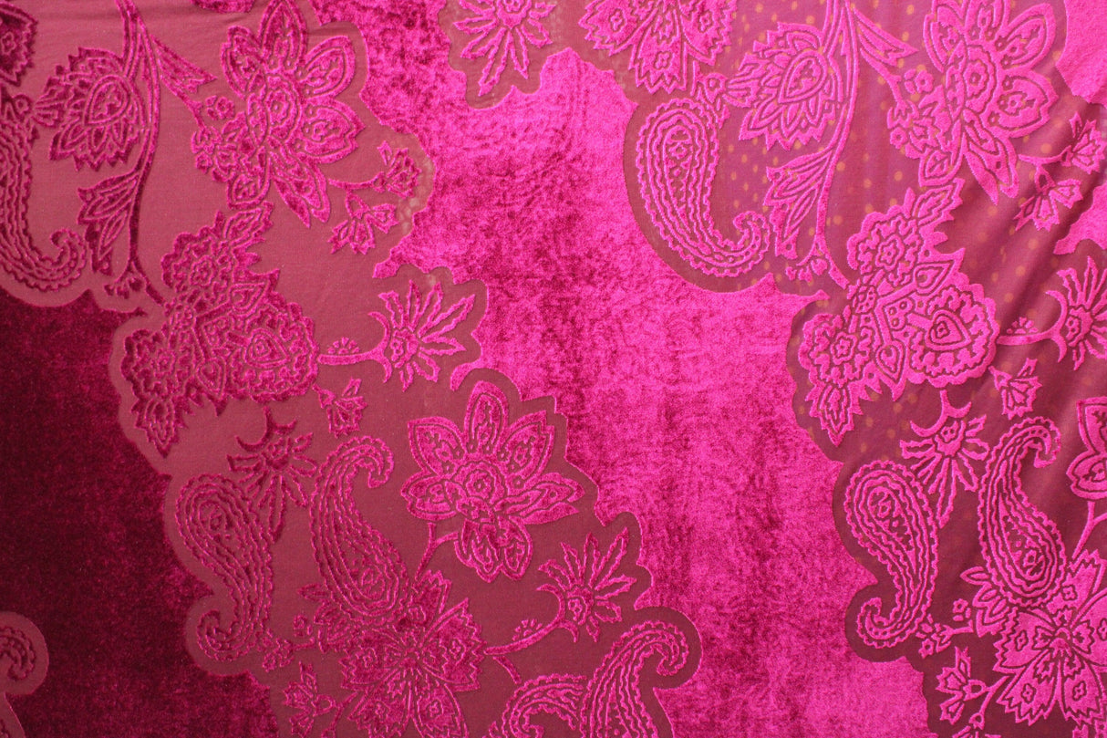 Large Fuchsia Paisley Burnout Velvet Fabric - Fuchsia Paisley, 4-Way Stretch (1 Yard)
