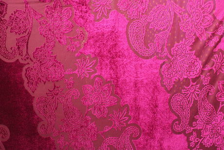 Large Fuchsia Paisley Burnout Velvet Fabric - Fuchsia Paisley, 4-Way Stretch (1 Yard)