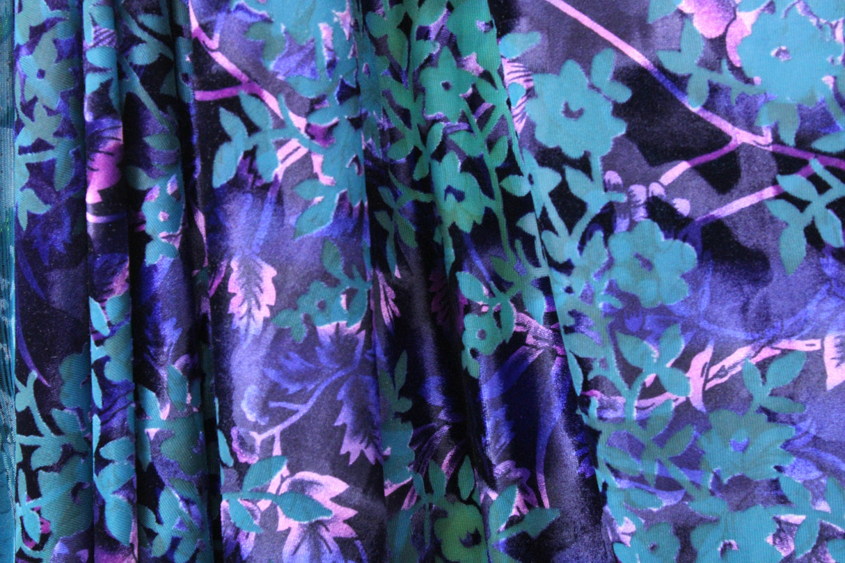 Dainty Floral Burnout Velvet Fabric - Rust/Purple Floral, 36" X 60" Width (1 Yard)