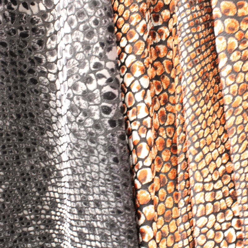 Snake Print Burnout Velvet Fabric - Brown Snake, Gray Snake, 4-Way Stretch, 36" Width (1 Yard)