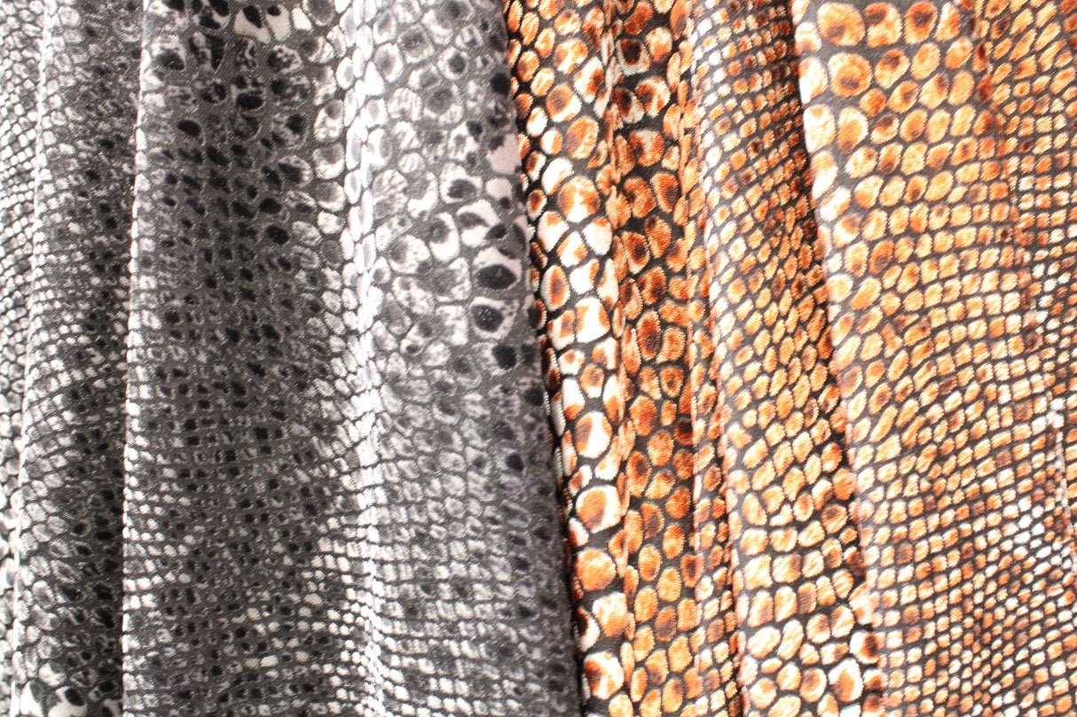 Snake Print Burnout Velvet Fabric - Brown Snake, Gray Snake, 4-Way Stretch, 36" Width (1 Yard)