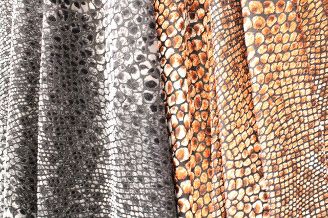 Snake Print Burnout Velvet Fabric - Brown Snake, Gray Snake, 4-Way Stretch, 36" Width (1 Yard)