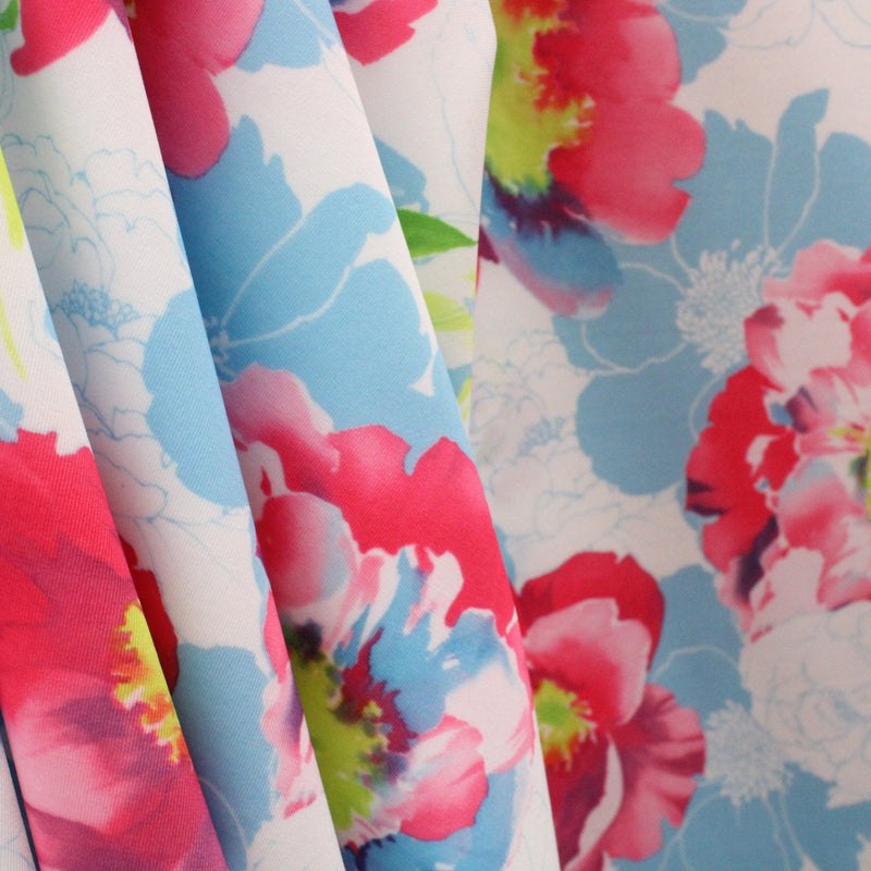 Pink And Blue Floral Print Polyester Spandex Fabric - Pink And Blue Floral Print, 58"/60" Width (1 Yard)