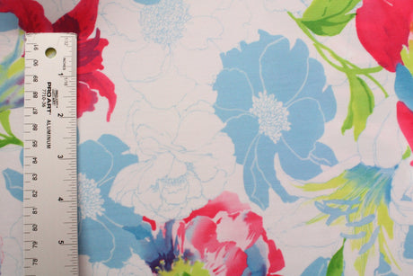 Pink And Blue Floral Print Polyester Spandex Fabric - Pink And Blue Floral Print, 58"/60" Width (1 Yard)