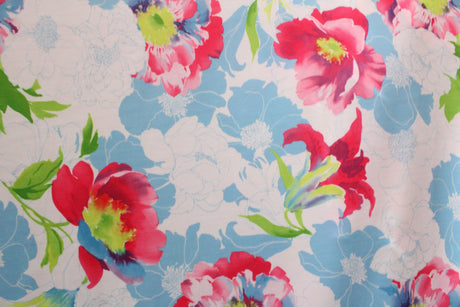 Pink And Blue Floral Print Polyester Spandex Fabric - Pink And Blue Floral Print, 58"/60" Width (1 Yard)