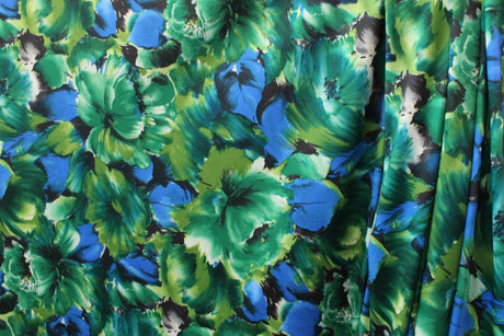 Blue And Green Floral Polyester Spandex Fabric - Blue And Green Floral Print, 58/60" Width (1 Yard)