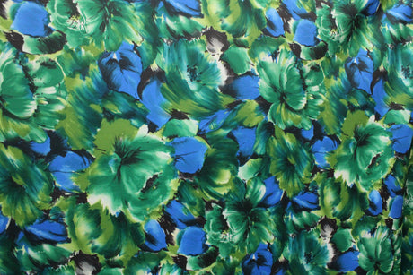 Blue And Green Floral Polyester Spandex Fabric - Blue And Green Floral Print, 58/60" Width (1 Yard)