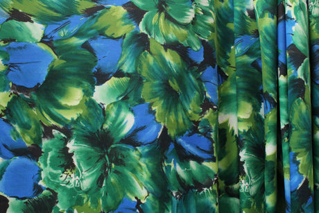 Blue And Green Floral Polyester Spandex Fabric - Blue And Green Floral Print, 58/60" Width (1 Yard)