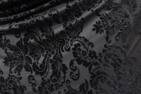 Damask Royal Floral Burnout Velvet Fabric - Black, Gold Damask Floral, 36" X 60" (1 Yard)