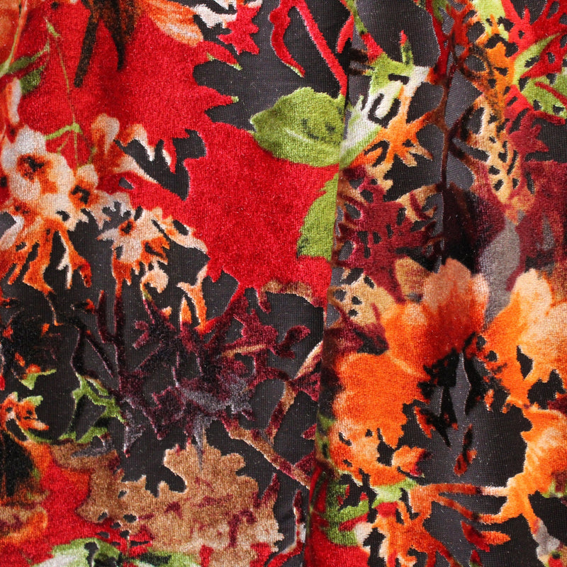 Red And Orange Floral Burnout Velvet Fabric - Red And Orange Floral, 4-Way Stretch, 1 Yard (Yard)
