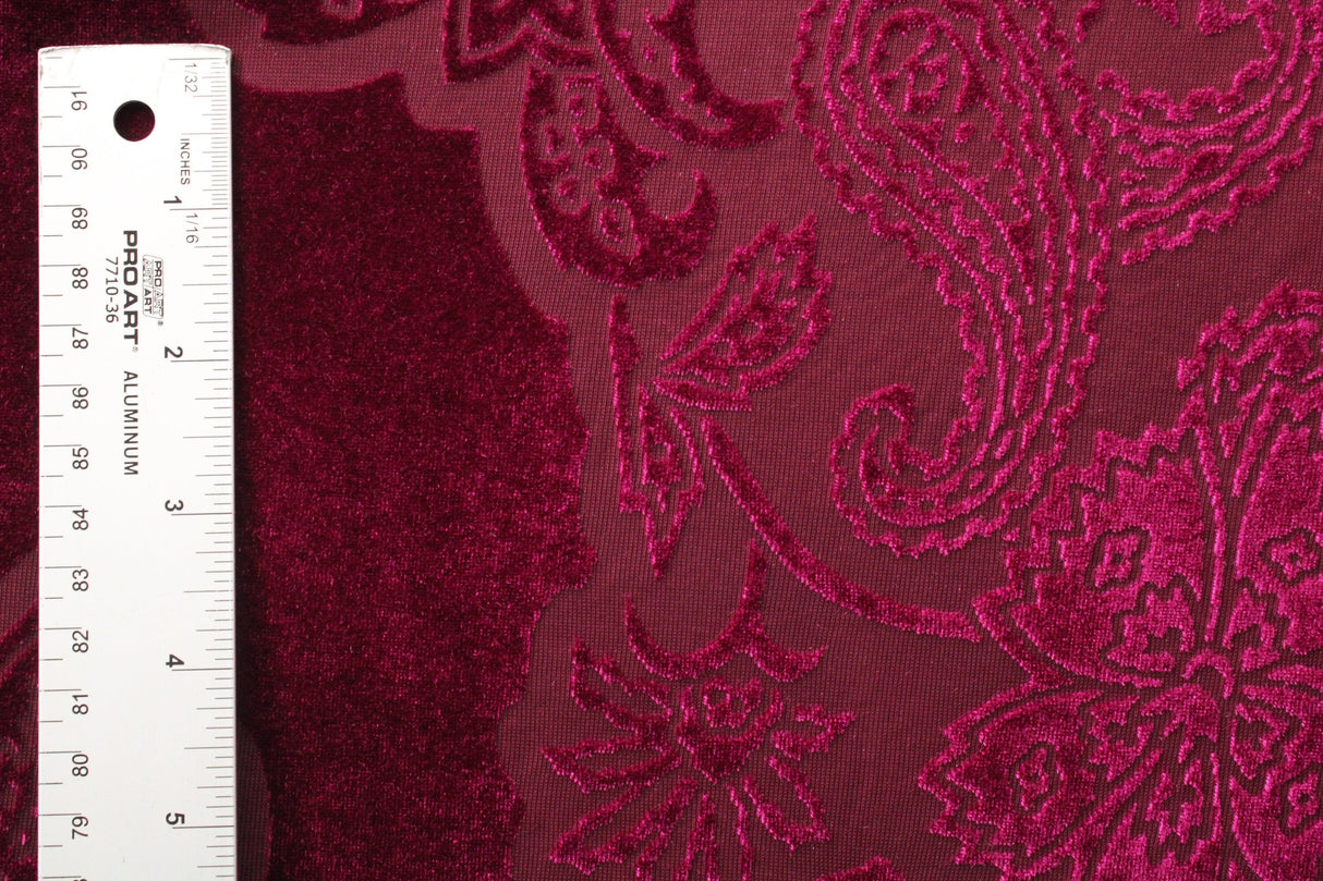 Large Fuchsia Paisley Burnout Velvet Fabric - Fuchsia Paisley, 4-Way Stretch (1 Yard)
