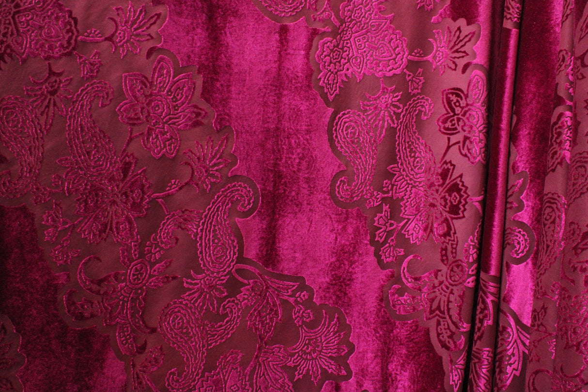 Large Fuchsia Paisley Burnout Velvet Fabric - Fuchsia Paisley, 4-Way Stretch (1 Yard)
