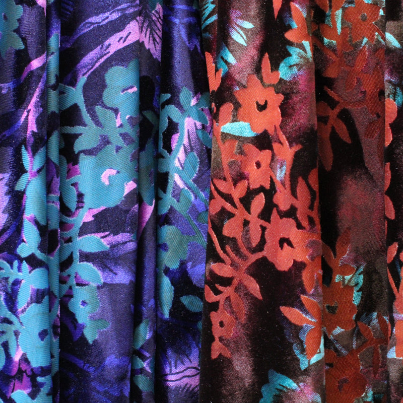 Dainty Floral Burnout Velvet Fabric - Rust/Purple Floral, 36" X 60" Width (1 Yard)