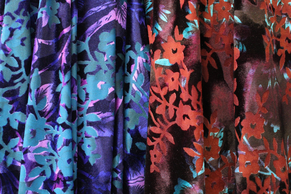 Dainty Floral Burnout Velvet Fabric - Rust/Purple Floral, 36" X 60" Width (1 Yard)