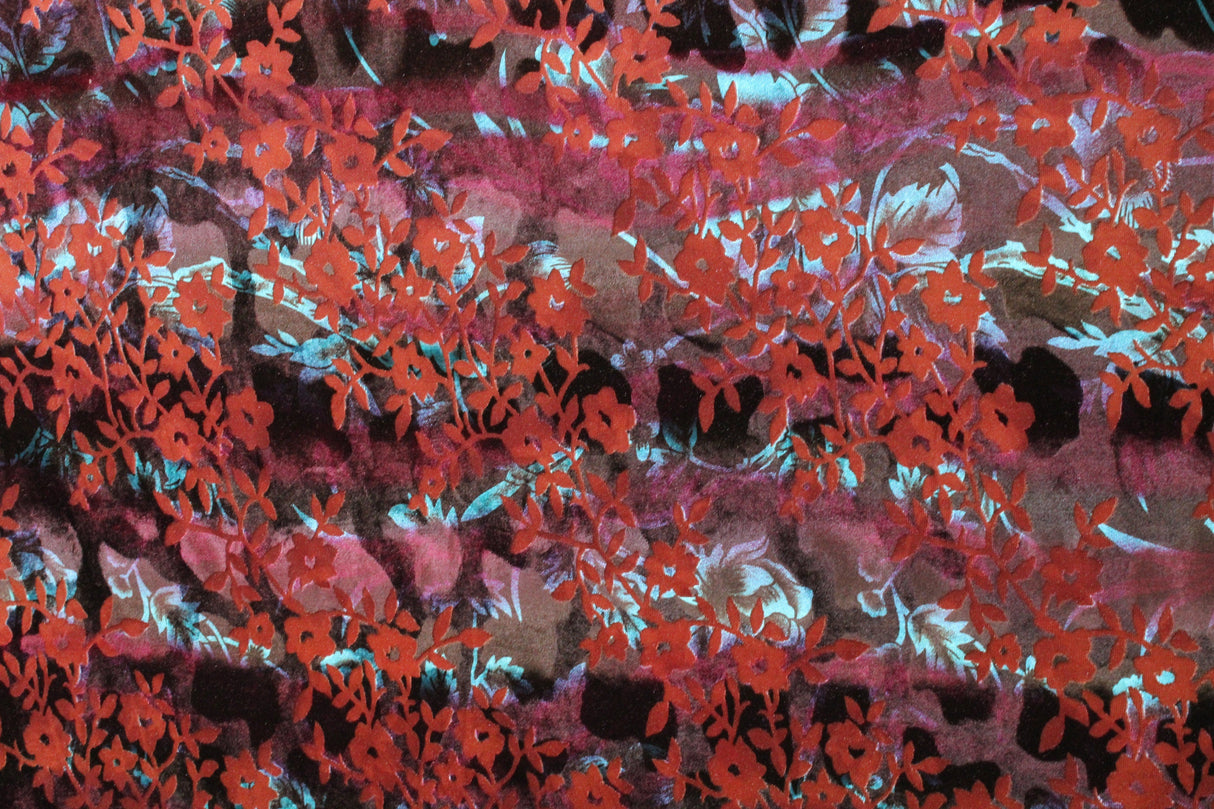 Dainty Floral Burnout Velvet Fabric - Rust/Purple Floral, 36" X 60" Width (1 Yard)
