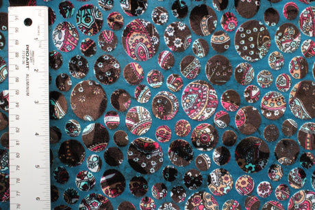 Paisley Dots Burnout Velvet Fabric - Teal, Brown Paisley Dots, 36" Width (1 Yard)