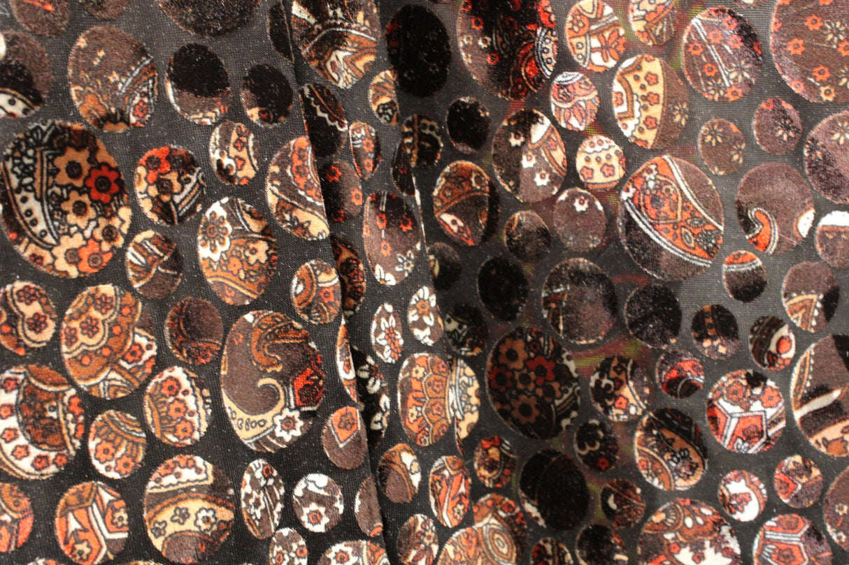 Paisley Dots Burnout Velvet Fabric - Teal, Brown Paisley Dots, 36" Width (1 Yard)