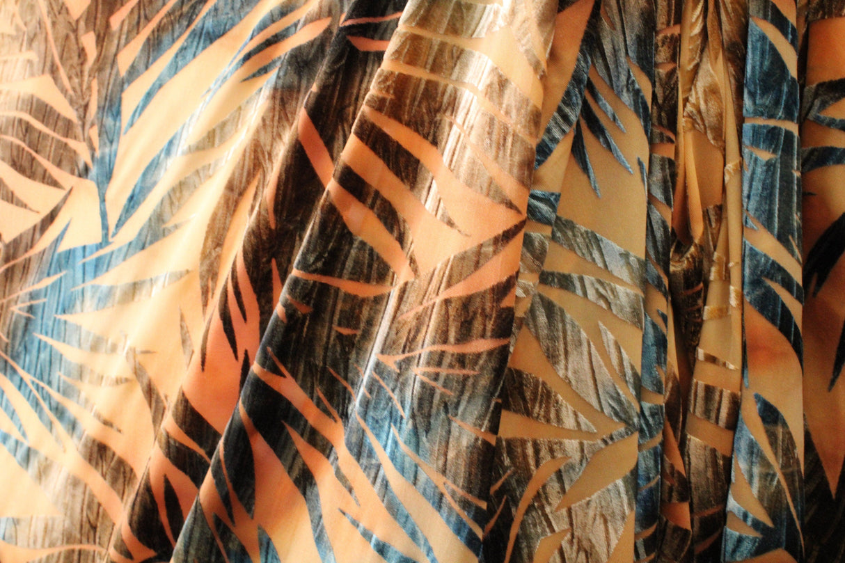 Palm Leaves Burnout Velvet Fabric - Black, Teal, White, Gray Palm Leaves, 36" X 60" (1 Yard)