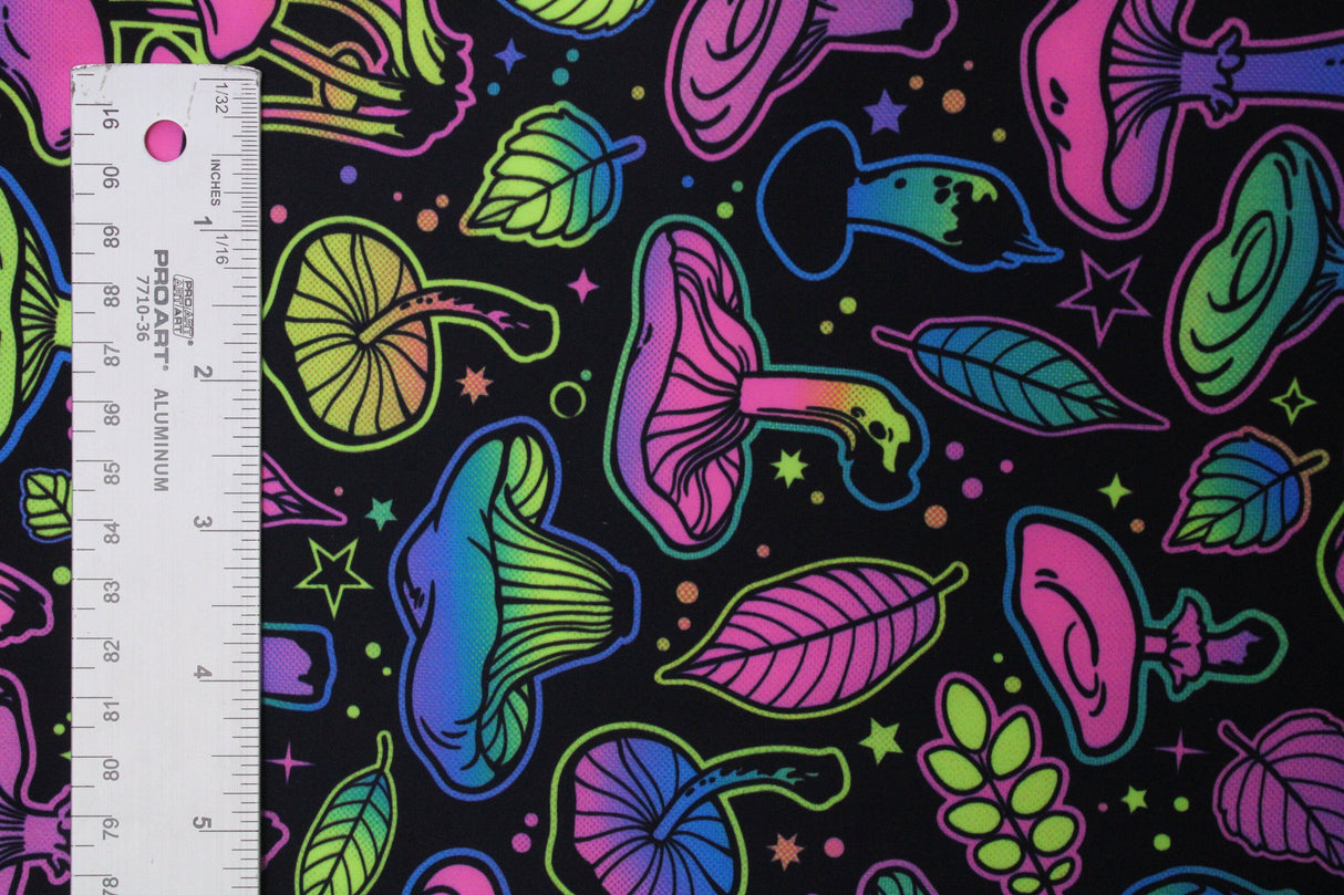 Psychadelic Mushrooms Polyester Spandex Fabric - BlackLight Reactive, 58"/60" Width (1 Yard)