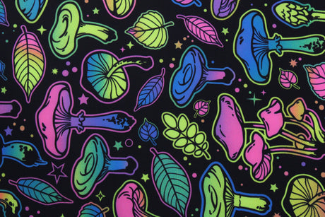 Psychadelic Mushrooms Polyester Spandex Fabric - BlackLight Reactive, 58"/60" Width (1 Yard)