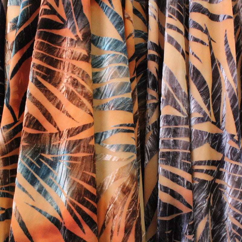 Palm Leaves Burnout Velvet Fabric - Black, Teal, White, Gray Palm Leaves, 36" X 60" (1 Yard)