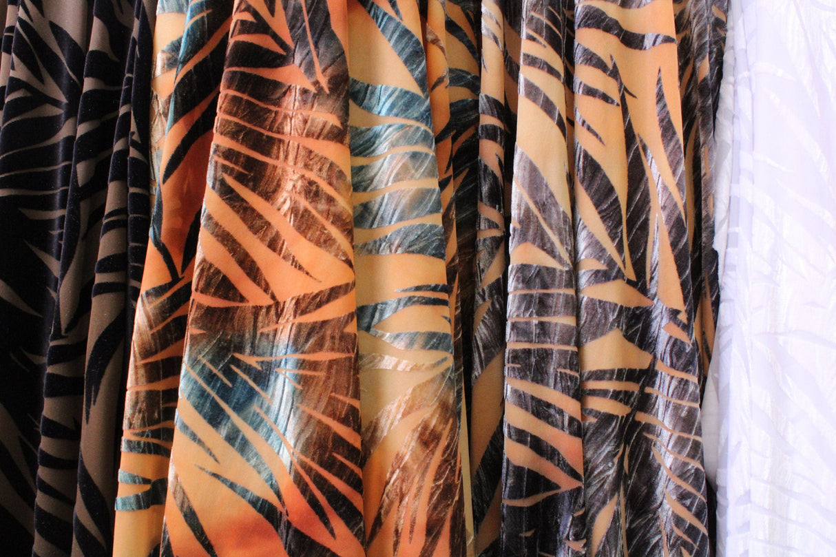 Palm Leaves Burnout Velvet Fabric - Black, Teal, White, Gray Palm Leaves, 36" X 60" (1 Yard)