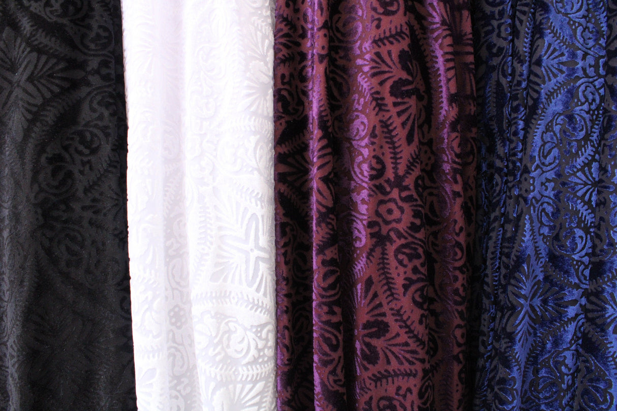 Lili Damask Burnout Velvet Fabric - 4-Way Stretch Damask Pattern, 36" Width (1 Yard)