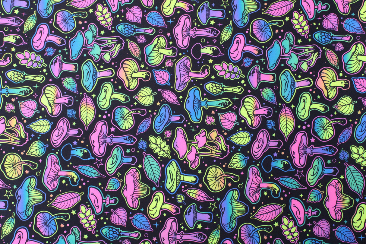 Psychadelic Mushrooms Polyester Spandex Fabric - BlackLight Reactive, 58"/60" Width (1 Yard)