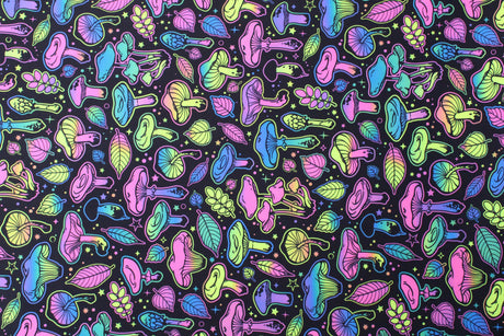 Psychadelic Mushrooms Polyester Spandex Fabric - BlackLight Reactive, 58"/60" Width (1 Yard)