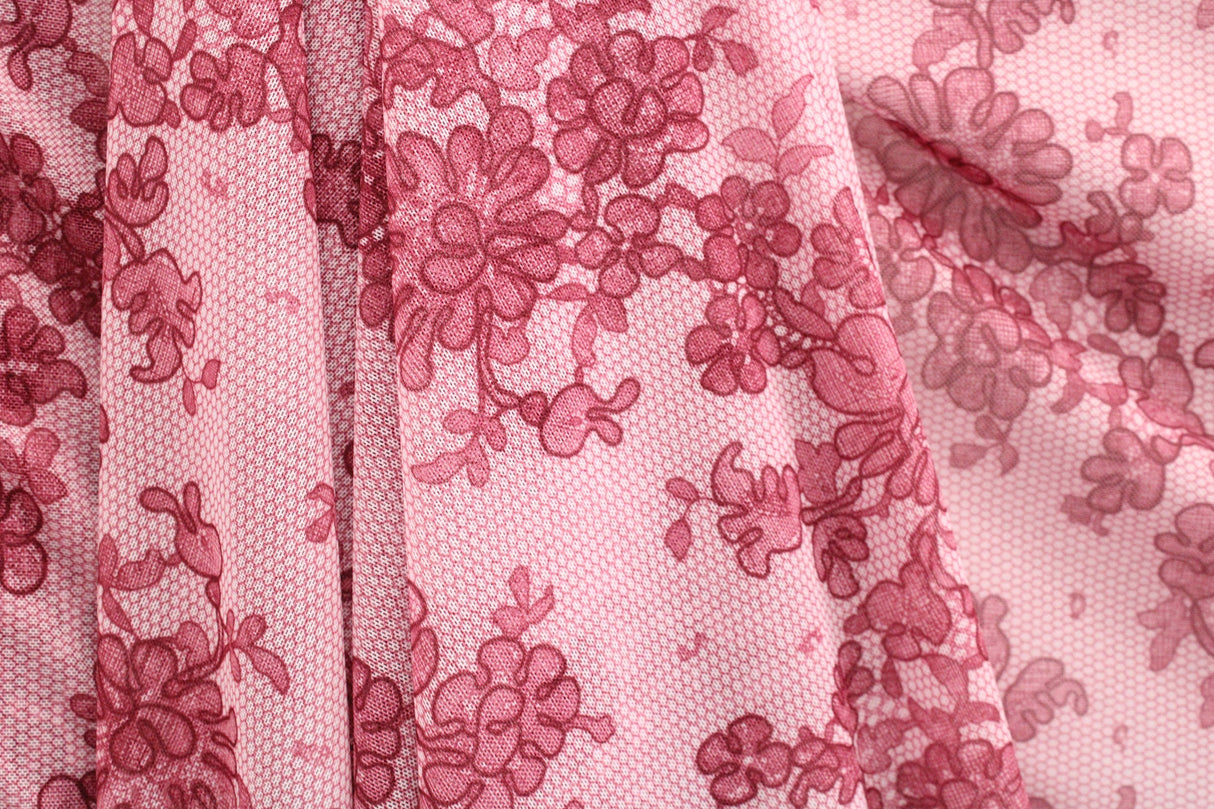 Pink Lace Printed Mesh Fabric - Pink Lace, 4-Way Stretch, 36" X 60" (1 Yard)