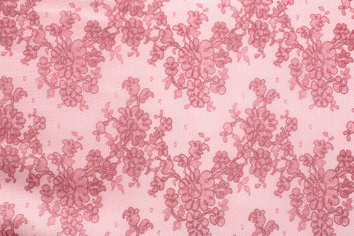 Pink Lace Printed Mesh Fabric - Pink Lace, 4-Way Stretch, 36" X 60" (1 Yard)