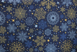 Blue And Gold Snowflakes Polyester Spandex Fabric - Blue And Gold Snowflakes, 58/60" Width (1 Yard)