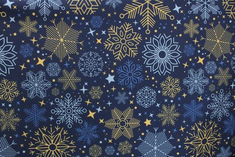 Blue And Gold Snowflakes Polyester Spandex Fabric - Blue And Gold Snowflakes, 58/60" Width (1 Yard)